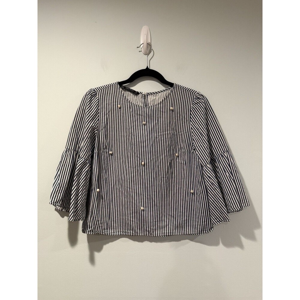 Zara Striped Pearl Top Womens Medium Navy 3/4 Sleeve Work Coastal Quiet Luxury
